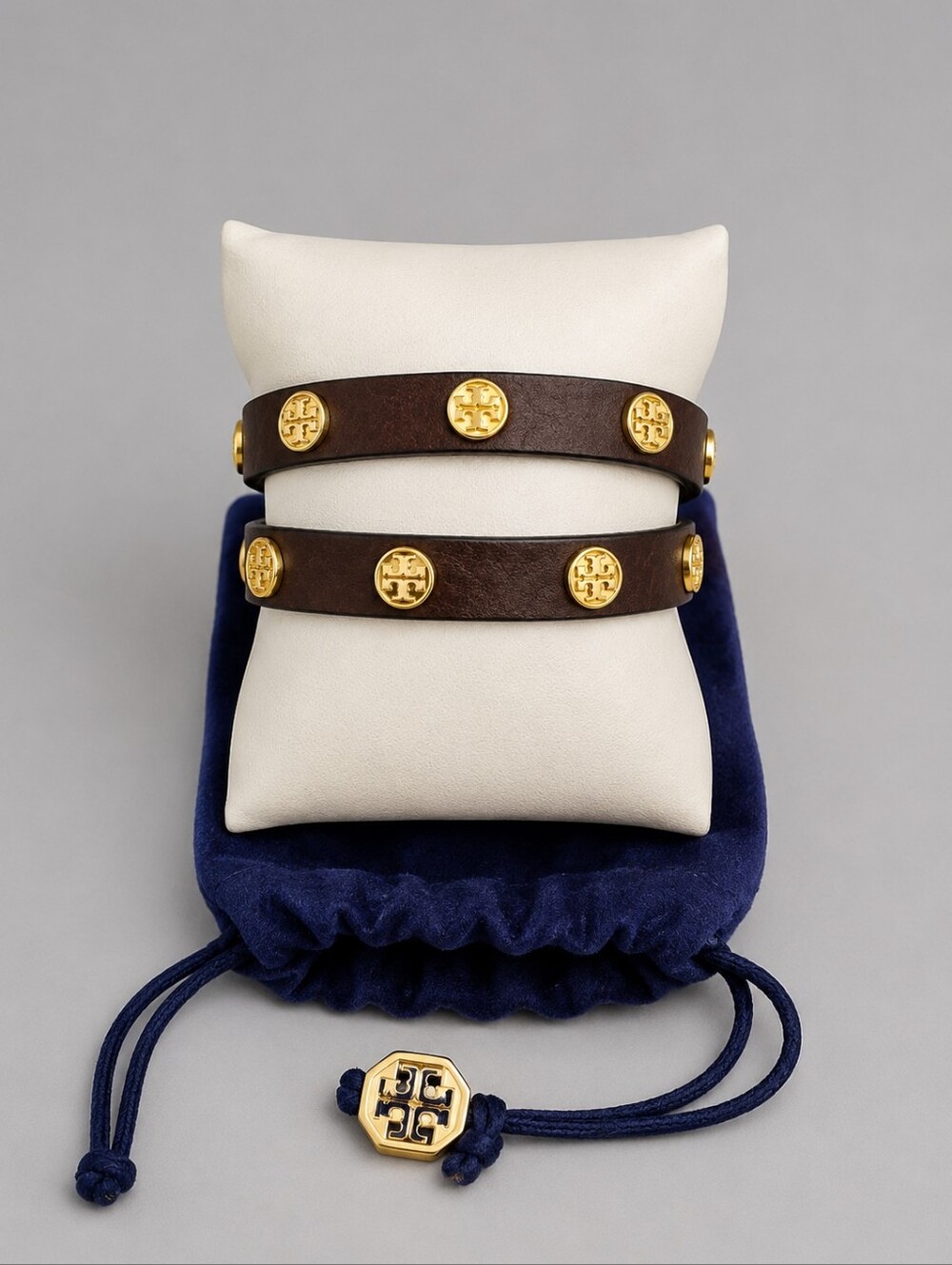 TORY BURCH Dark Brown Leather Logo Stud Wrap Bracelet